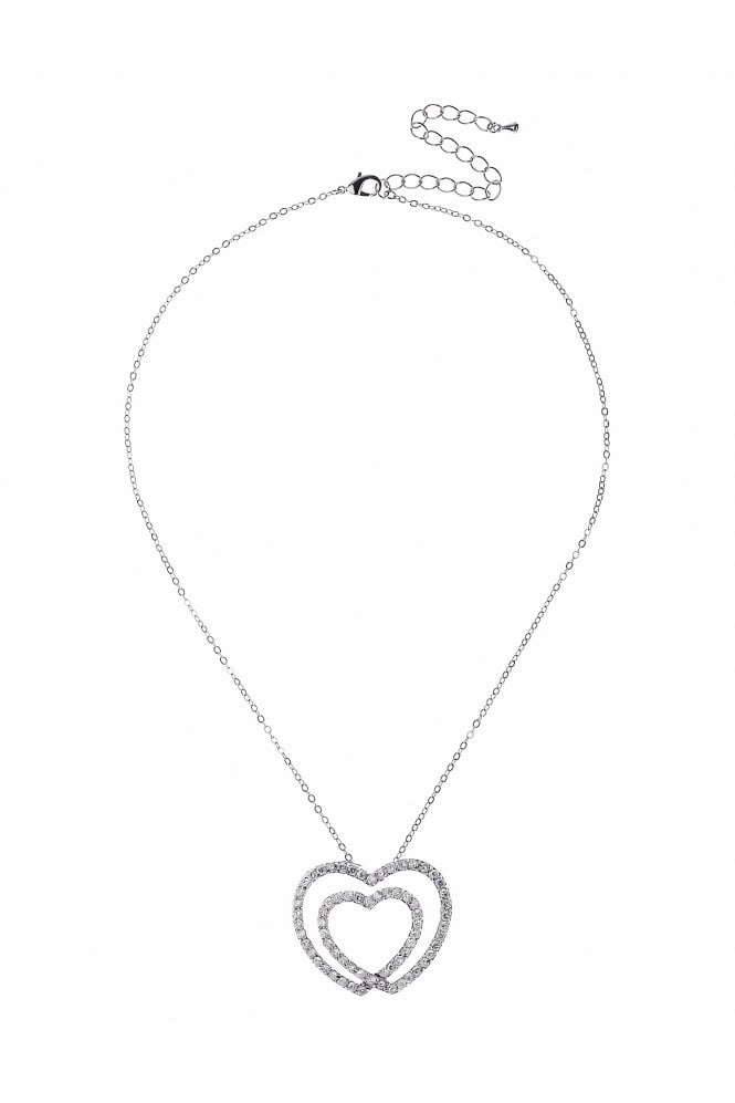 Majique London Glam Double Heart Rhodium Chain Necklace with Cubic Zirconia Crystals