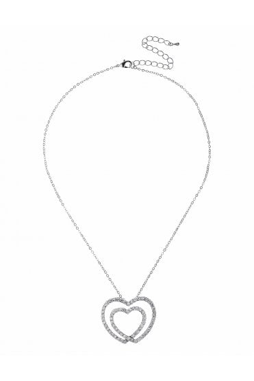 Glam Double Heart Rhodium Chain Necklace with Cubic Zirconia Crystals