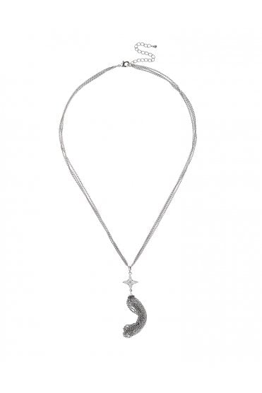 Luxe Cross Radiance Necklace with Cubic Zirconia Stone Pendant & Tassel Drape