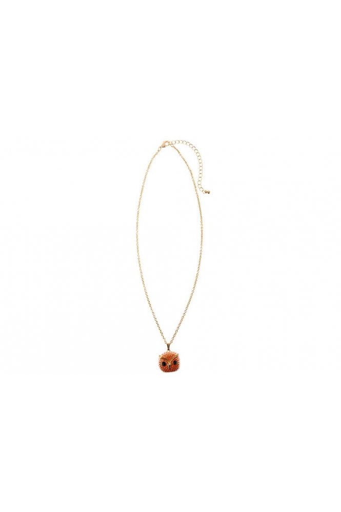 Majique London 14K Gold Chain Necklace with Orange Epoxy Owl Pendant