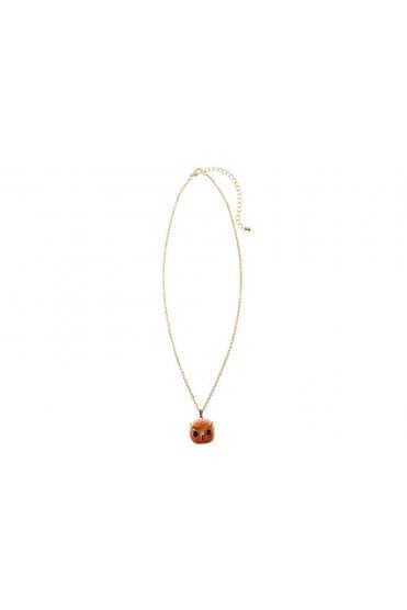 14K Gold Chain Necklace with Orange Epoxy Owl Pendant