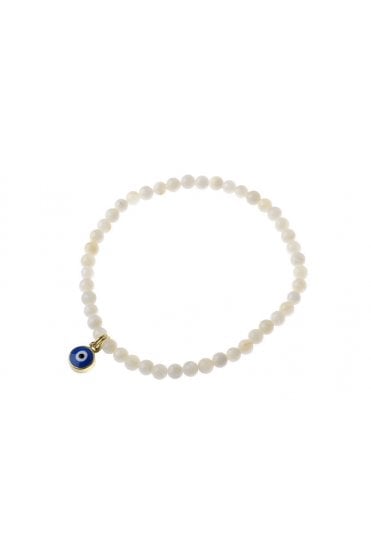 Chic Mother of Pearl Stretch Bracelet with Gold Eye Charm Drop