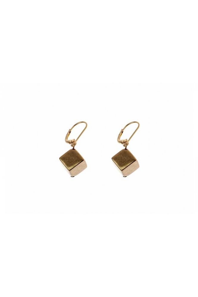 Majique London Distressed Gold French Clip Earrings with Cube Bead Drop