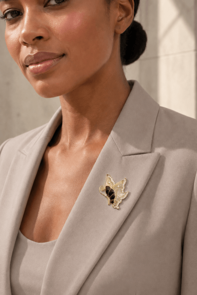 Majique London 14K Gold Butterfly Brooch With Black Epoxy Stone And White Opal