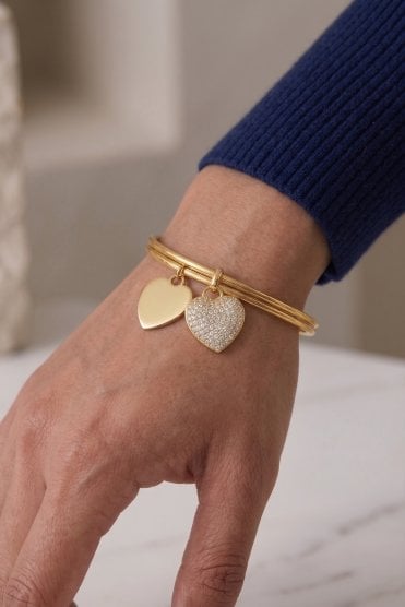 14K Gold Double Row Bangle with Heart Charm Duo