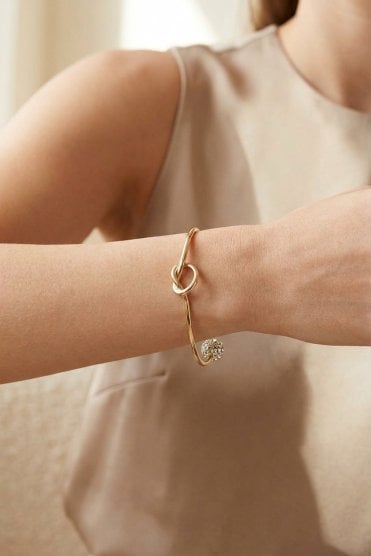 14K Gold Knot Bangle with Crystal Orb