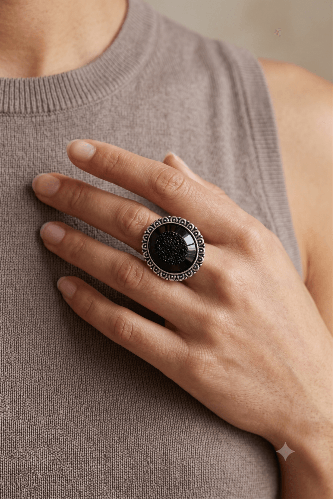Majique London Antique Silver Jet Noir Vintage Stretch Ring
