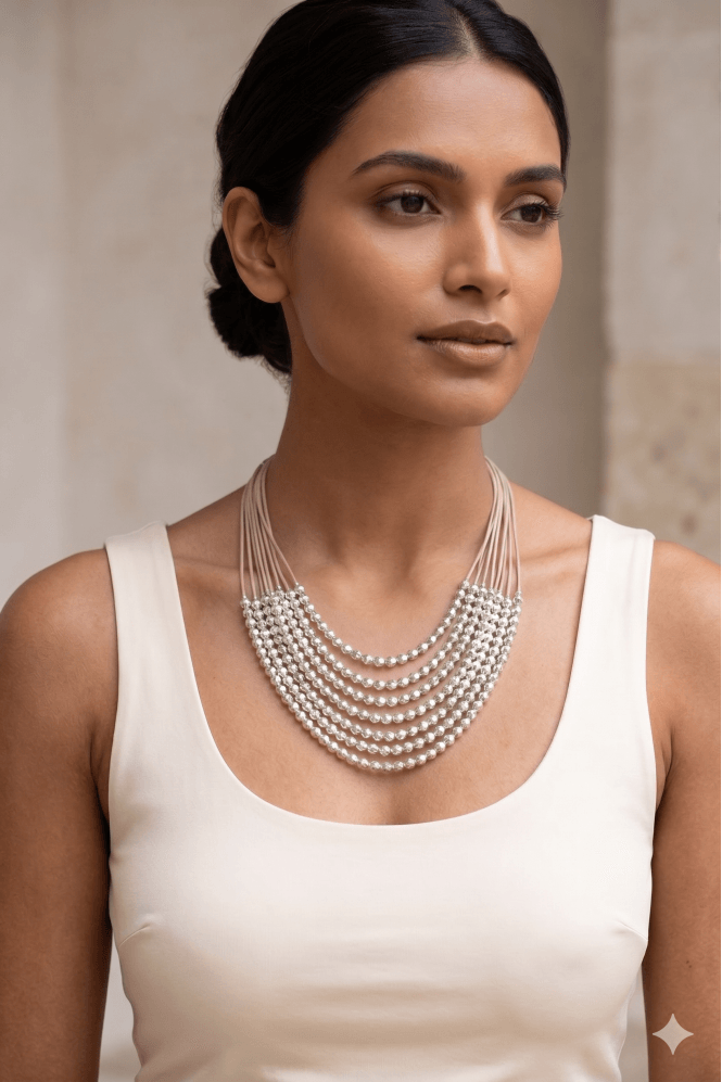 Majique London Beige Cord & Hammered Silver Necklace