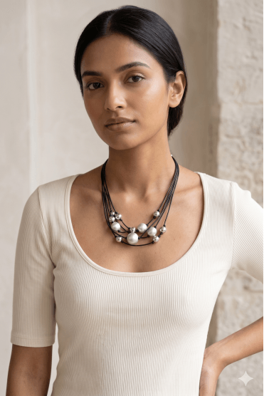 Black Cord Layered Ball Necklace
