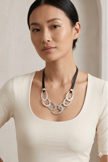 Black Cord Necklace with Distressed Silver Oval Link
