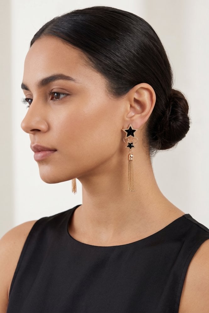 Majique London Black Star Tassel Gold Earrings