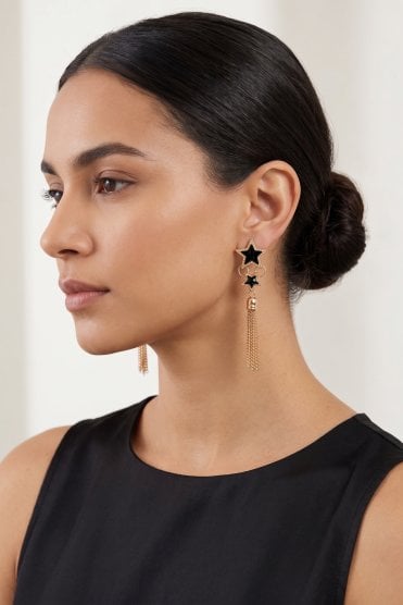 Black Star Tassel Gold Earrings
