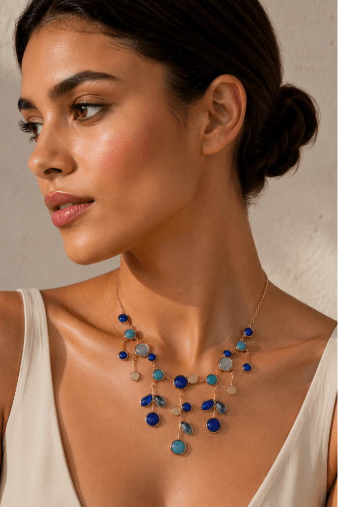 Majique London Blue Radiance Petal Elegance Semi Matt Gold Necklace