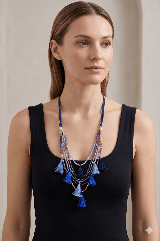 Majique London Blue Tassel Cord Necklace