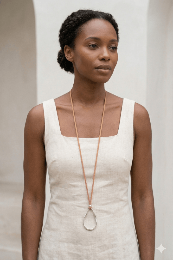 Majique London Boho Chic Brown Suede Long Necklace With Matte Silver Teardrop Pendant