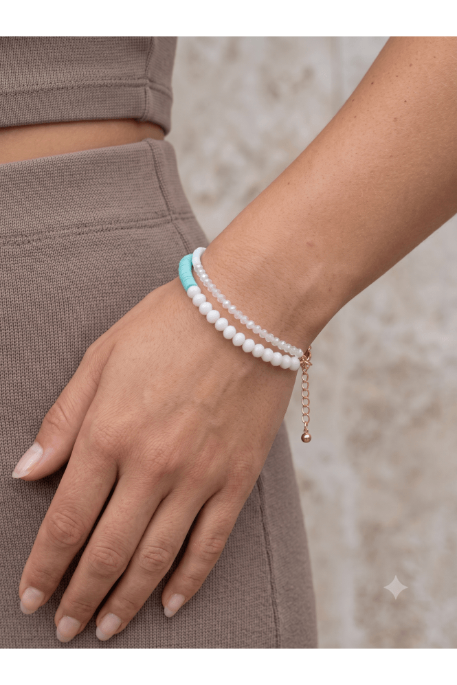 Majique London Boho Chic Turquoise Cream & Clear Bead Bracelet