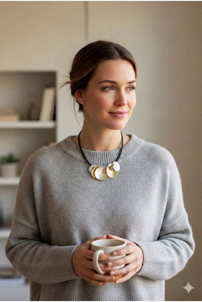Majique London Bold Black Leather Multi Strand Necklace With Matte Oval Duo Pendant