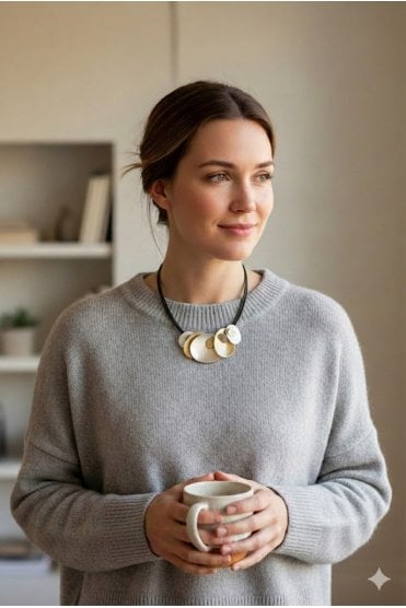 Bold Black Leather Multi Strand Necklace With Matte Oval Duo Pendant