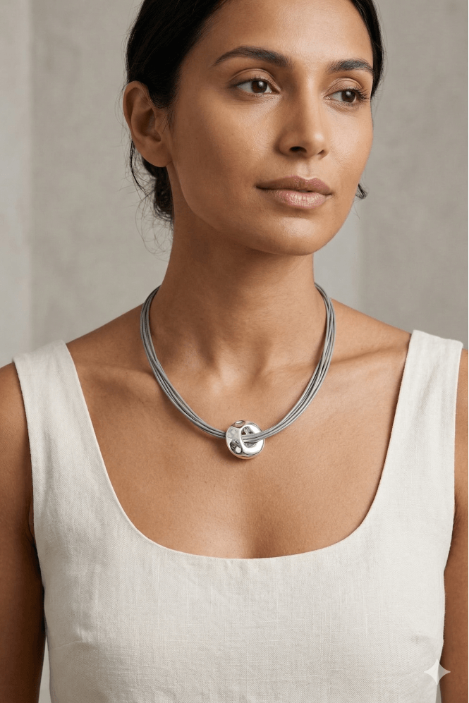 Majique London Chic Leather Necklace With Textured Disc Pendant