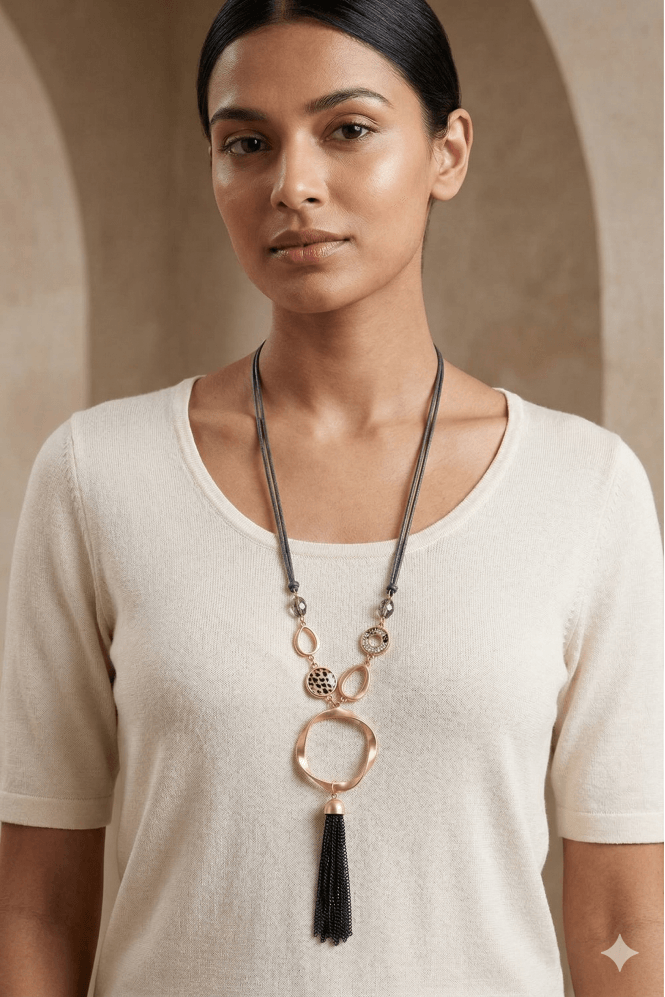 Majique London Chic Noir Tassel Drop Long Necklace