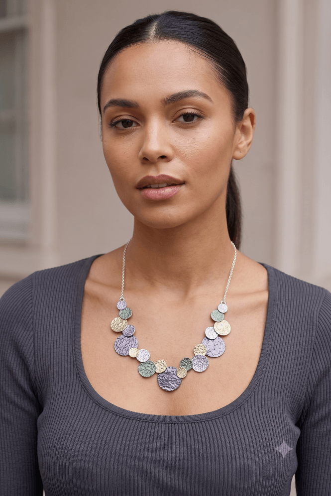 Majique London Chic Silver Chain Necklace with Multi Matte Textured Coins