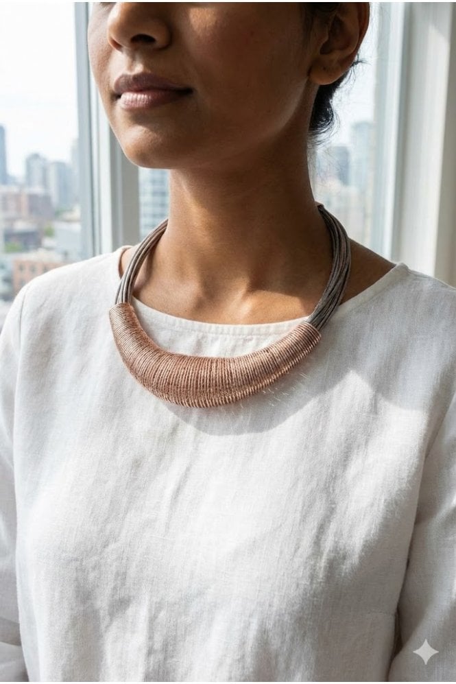 Majique London Chic Taupe Leather Multi Row Necklace With Rose Gold Accent