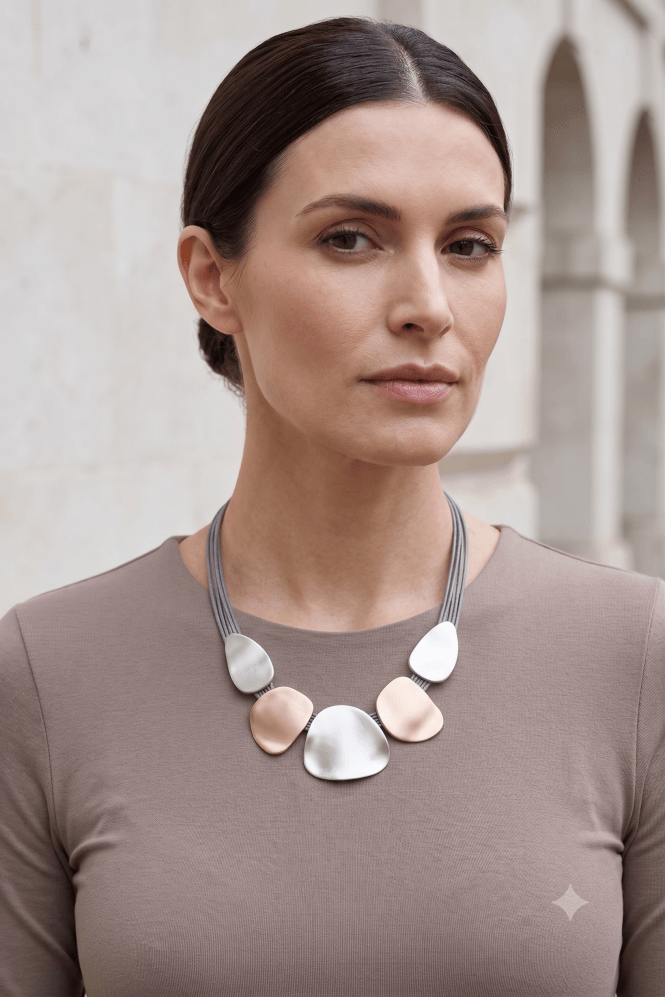 Majique London Chic Urban Grey Leather Multi Strand Necklace With Dual Tone Oval Pendant
