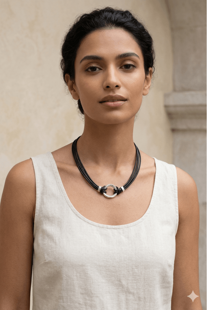 Majique London Crystal Round Pendant Multi Strand Leather Necklace