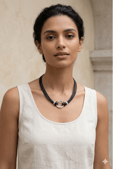 Crystal Round Pendant Multi Strand Leather Necklace