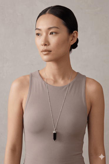 Distressed Silver Long Chain Necklace with Black Acrylic Pendant