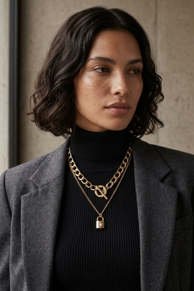 Majique London Dual Fusion Link Necklace With Chic Lock Pendant