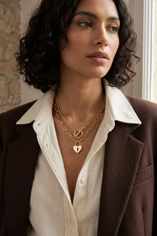 Majique London Dual Fusion Link Necklace With Heart Lock Pendant