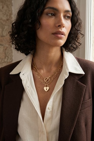 Dual Fusion Link Necklace With Heart Lock Pendant