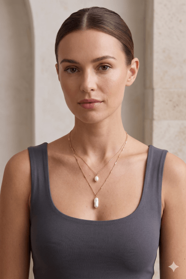Dual Strand Chain Necklace With Freshwater Pearl Charms