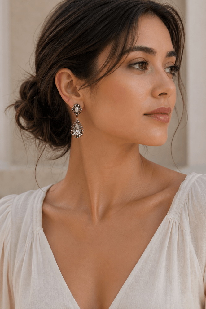 Majique London Elegant Teardrop Gold Earrings with Crystals & Pearls