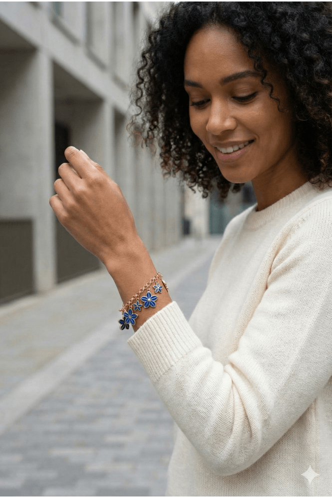 Majique London Enamel Blossom T-Bar Gold Chain Bracelet