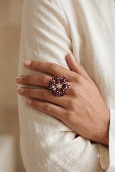 Enchanted Violet Crystal Blossom Gold Ring