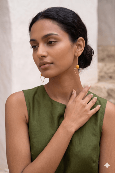 Geometric Gold Bar Drop Earrings with Triangle & Sphere