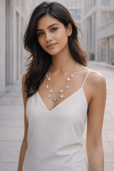 Gilded Clover Elegance Gold Necklace With Turquoise And Mother Of Pearl