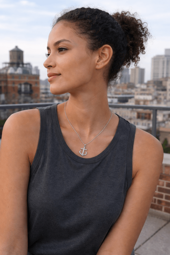 Majique London Glam Anchor Cubic Zirconia Belcher Chain Necklace