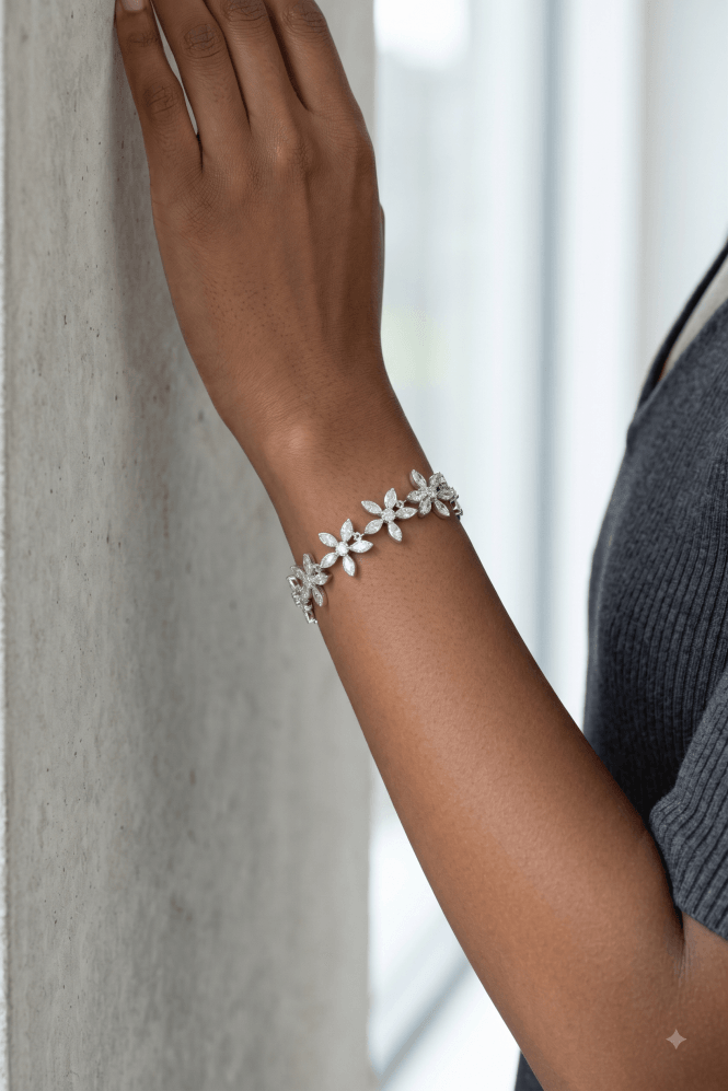 Majique London Glam Bloom Silver Bracelet With Cubic Zirconia Accents