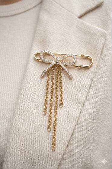 Glam Bow Chain Safety Pin Brooch