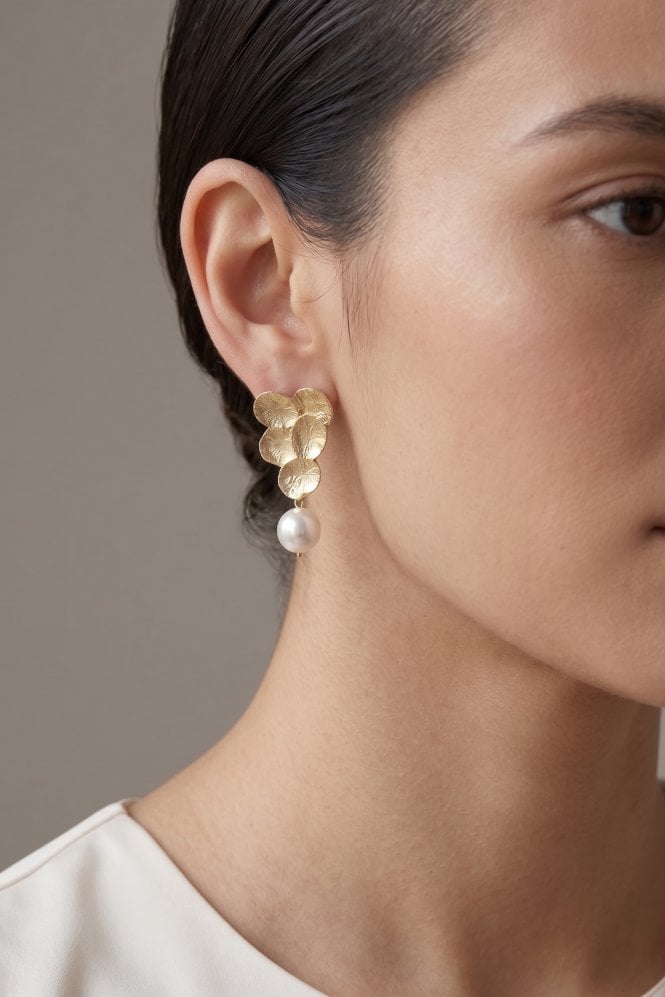 Majique London Glamour Gold Matte Stud Earring With Pearl Dangle