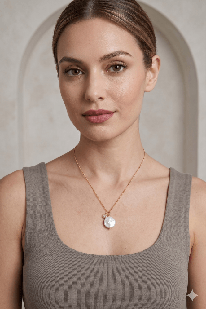 Majique London Gleaming Orbit Short Chain Necklace with Round Disc and Freshwater Pearl Drop