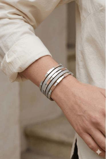 Grey Multi Strand Leather Bracelet with Matte Silver & Rose Gold Tubes
