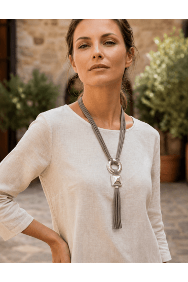 Grey Suede Circle & Square Tassel Necklace