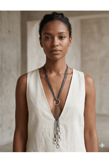Hammered Ring Multi Strand Leather Necklace
