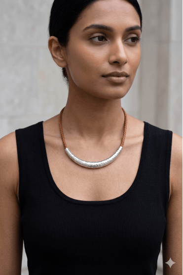 Hammered Silver Bar & Camel Cord Necklace