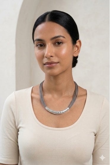 Hammered Tube Multi Strand Leather Necklace With Magnetic Clasp