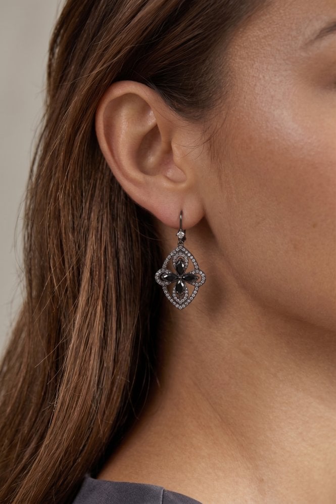 Majique London Hematite Crystal Drop Earrings with Black Stone Accents